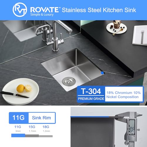 ROVATE Bar Sink, ROVATE 15 x 15 x 8 inch Bar or Prep Kitchen Sink Undermount, Single Bowl T-304 Stainless Steel Small Sinks Handmade with Strainer - Image 3