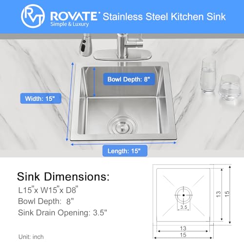 ROVATE Bar Sink, ROVATE 15 x 15 x 8 inch Bar or Prep Kitchen Sink Undermount, Single Bowl T-304 Stainless Steel Small Sinks Handmade with Strainer - Image 2