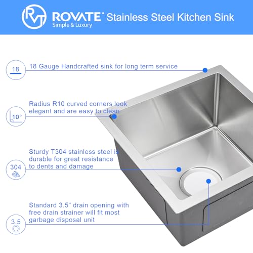 ROVATE Bar Sink, ROVATE 15 x 15 x 8 inch Bar or Prep Kitchen Sink Undermount, Single Bowl T-304 Stainless Steel Small Sinks Handmade with Strainer - Image 5