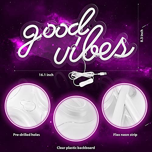 Olekki Pink Good Vibes Neon Sign - Neon Lights for Bedroom, LED Neon Signs for Wall Decor (16.1 x 8.3 inch) - Image 3