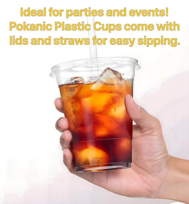 Pokanic Plastic Clear Cups 12 oz with Lids and Straws 25 Set Disposable Cold Beverage Drinking Iced Coffee Water Juice Tea Party Travel Cafe Restaurant School Office Home Kitchen (25 Set  12 oz) - Image 3