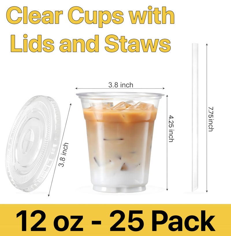Pokanic Plastic Clear Cups 12 oz with Lids and Straws 25 Set Disposable Cold Beverage Drinking Iced Coffee Water Juice Tea Party Travel Cafe Restaurant School Office Home Kitchen (25 Set  12 oz) - Image 2