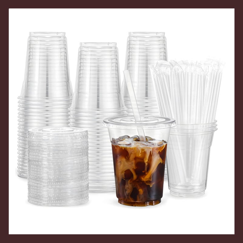 Pokanic Plastic Clear Cups 12 oz with Lids and Straws 25 Set Disposable Cold Beverage Drinking Iced Coffee Water Juice Tea Party Travel Cafe Restaurant School Office Home Kitchen (25 Set  12 oz) - Image 1