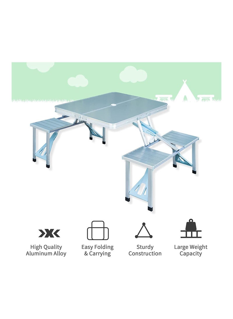 Folding Camping Picnic Table with 4 Seats with Garden Umbrella Hole Portable Table Aluminum Alloy Frame with Soft Handle Suitable for Barbecue Travel Outing