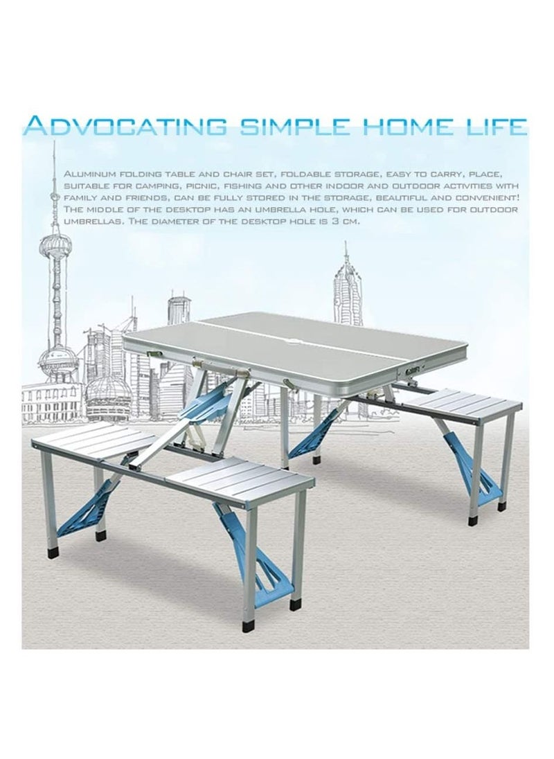 Folding Camping Picnic Table with 4 Seats with Garden Umbrella Hole Portable Table Aluminum Alloy Frame with Soft Handle Suitable for Barbecue Travel Outing