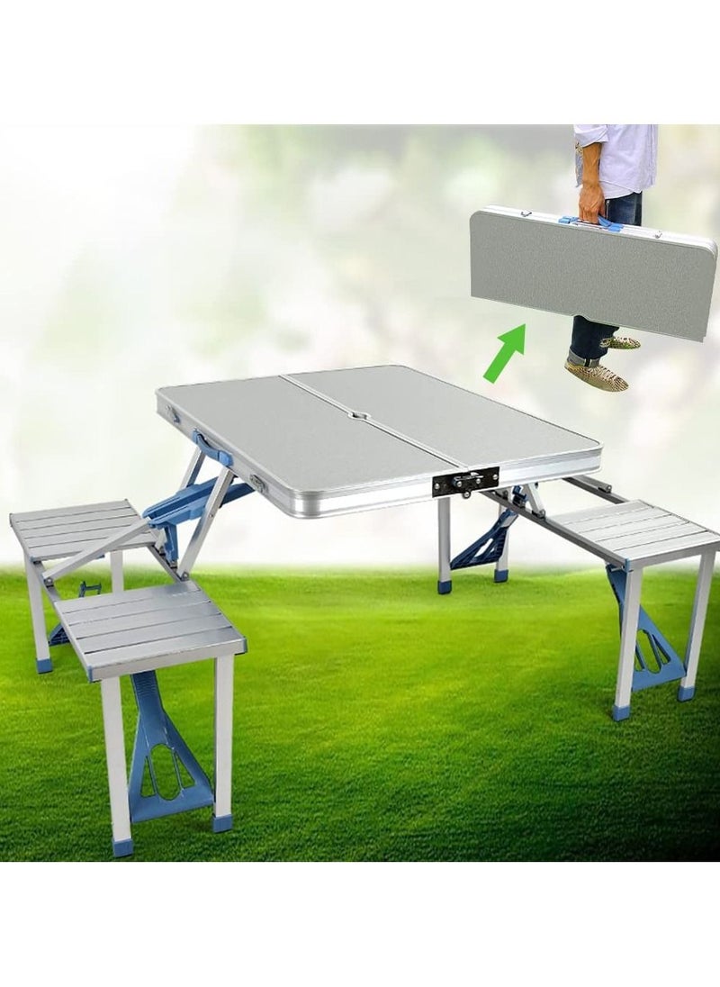 Folding Camping Picnic Table with 4 Seats with Garden Umbrella Hole Portable Table Aluminum Alloy Frame with Soft Handle Suitable for Barbecue Travel Outing