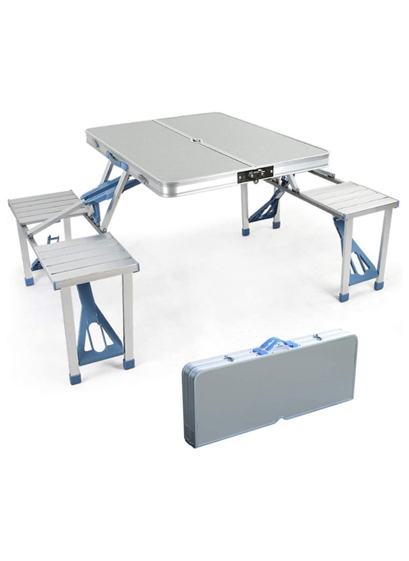 Folding Camping Picnic Table with 4 Seats with Garden Umbrella Hole Portable Table Aluminum Alloy Frame with Soft Handle Suitable for Barbecue Travel Outing