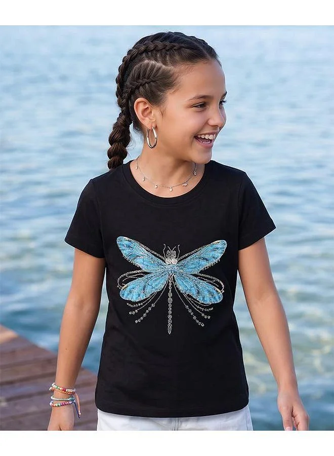 Pine Kids Pine Kids Cotton Knit T-Shirts with Dragonfly Embellishment - Black