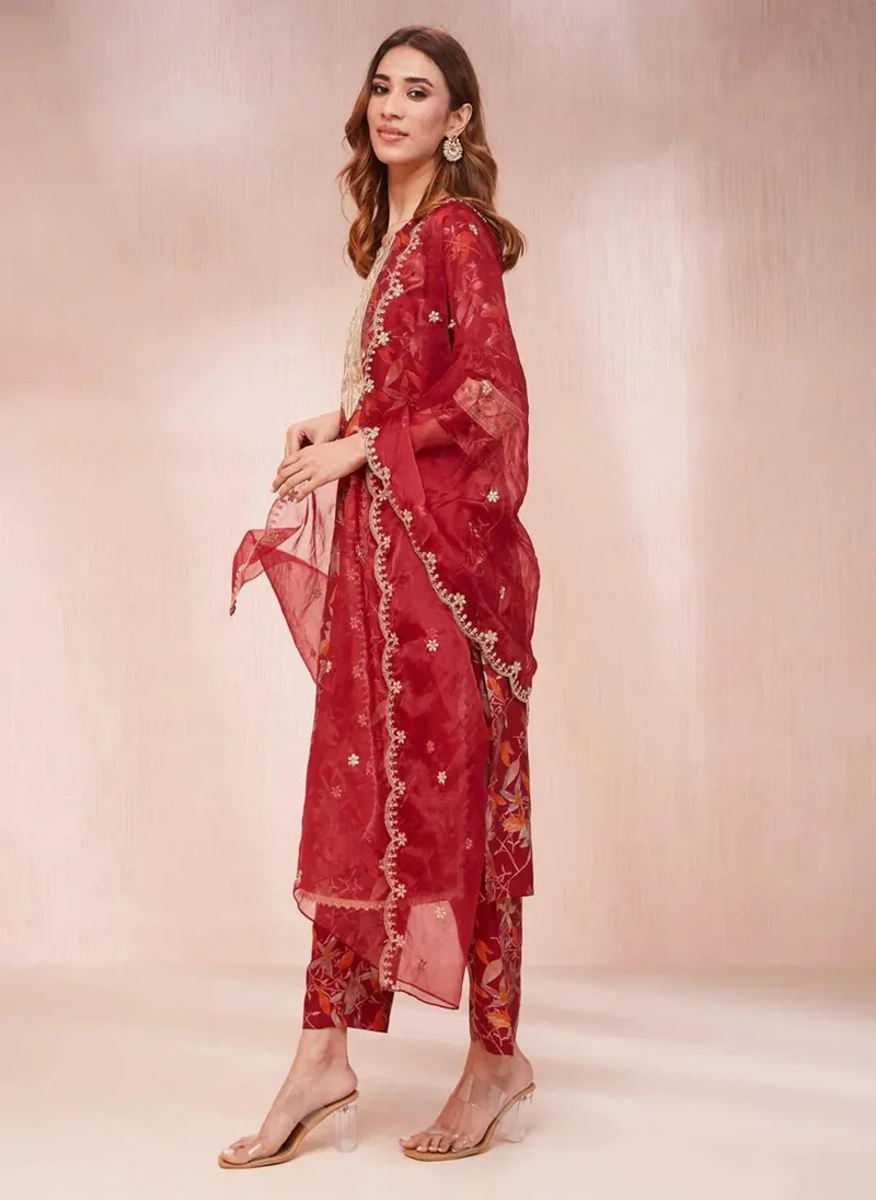 ZERESOUQ Maroon Silk Blend Floral Print Sequins Work 3-Piece Kurta Set