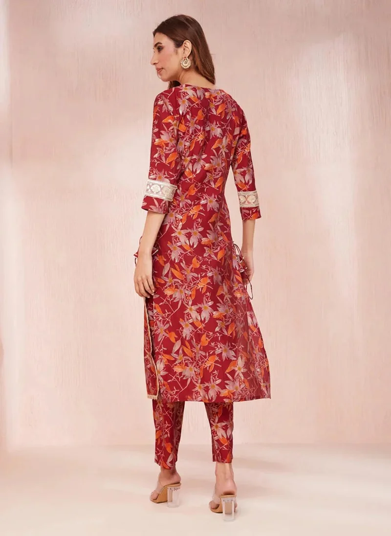 ZERESOUQ Maroon Silk Blend Floral Print Sequins Work 3-Piece Kurta Set