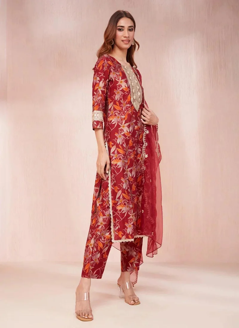 ZERESOUQ Maroon Silk Blend Floral Print Sequins Work 3-Piece Kurta Set