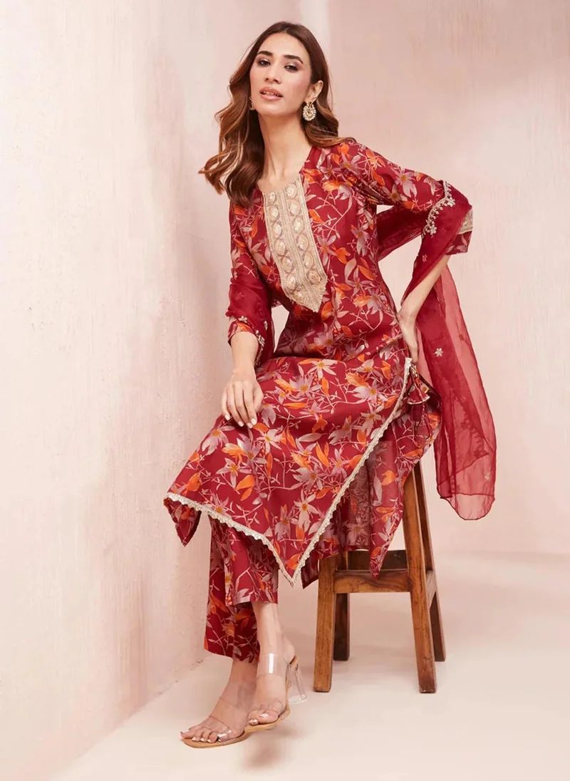 ZERESOUQ Maroon Silk Blend Floral Print Sequins Work 3-Piece Kurta Set