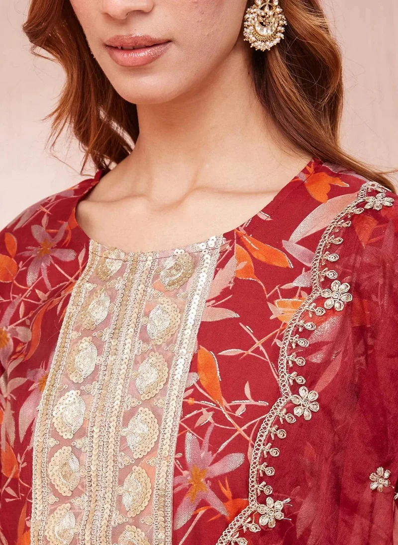 ZERESOUQ Maroon Silk Blend Floral Print Sequins Work 3-Piece Kurta Set