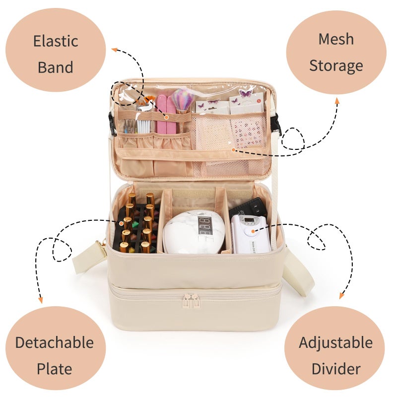 Ethereal Nail Polish Organizer Case, Leather Nail Polish Bag Holds 50+ Bottles (5ml/0.5fl.oz) and Nail Lamp, Nail Storage Organizer with Compartment, Leather White - Image 4