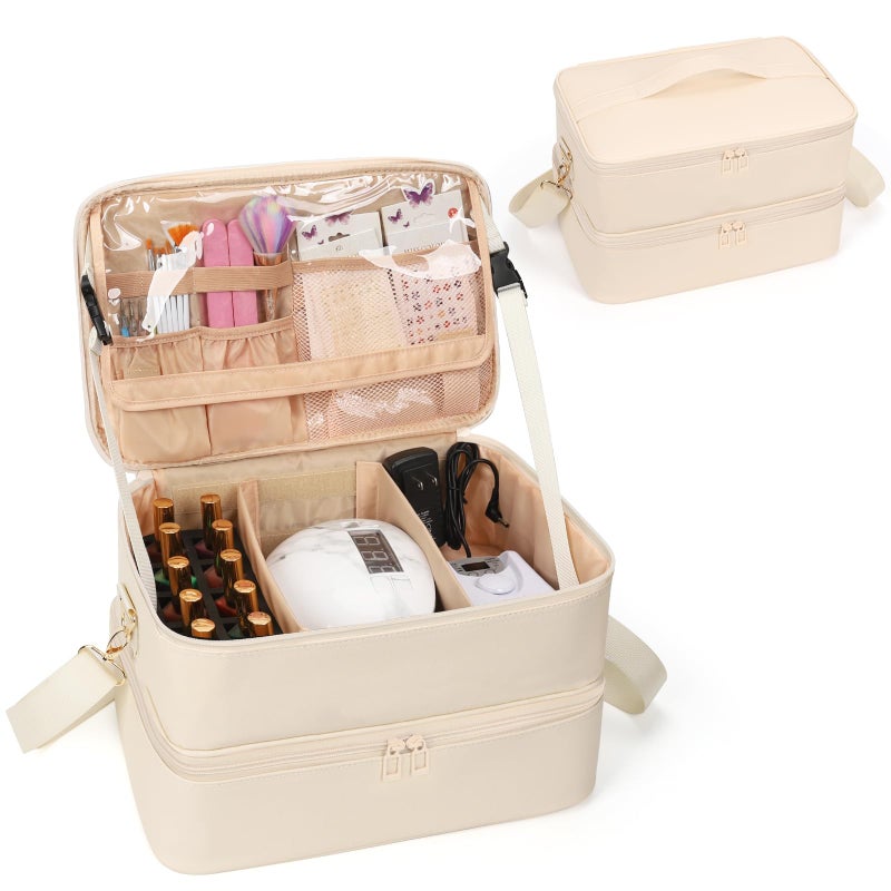 Ethereal Nail Polish Organizer Case, Leather Nail Polish Bag Holds 50+ Bottles (5ml/0.5fl.oz) and Nail Lamp, Nail Storage Organizer with Compartment, Leather White - Image 1