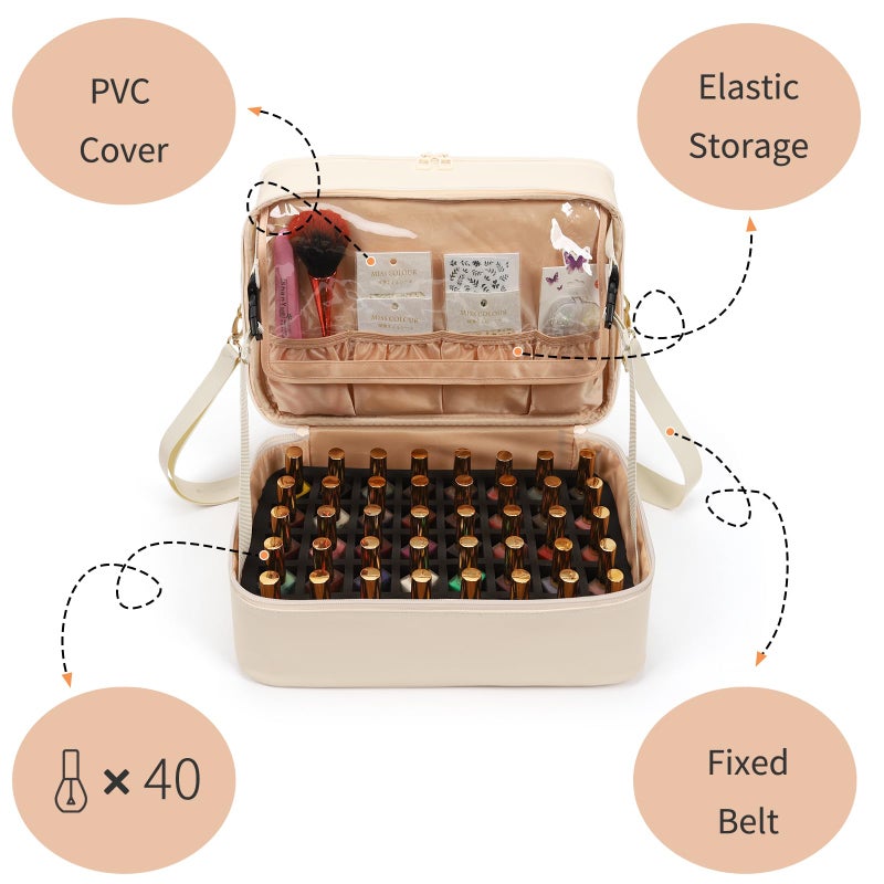 Ethereal Nail Polish Organizer Case, Leather Nail Polish Bag Holds 50+ Bottles (5ml/0.5fl.oz) and Nail Lamp, Nail Storage Organizer with Compartment, Leather White - Image 5