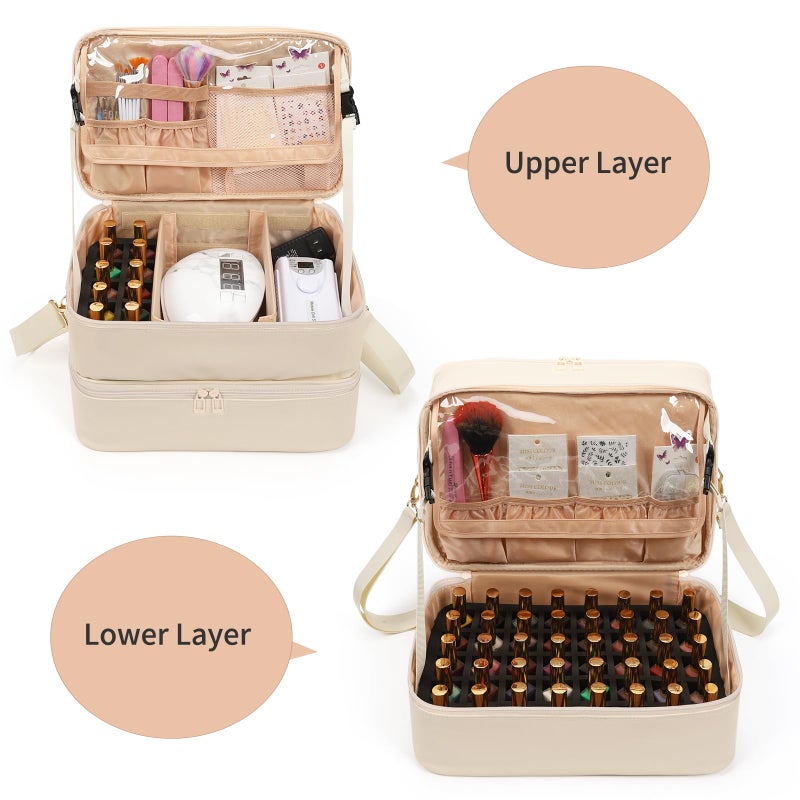 Ethereal Nail Polish Organizer Case, Leather Nail Polish Bag Holds 50+ Bottles (5ml/0.5fl.oz) and Nail Lamp, Nail Storage Organizer with Compartment, Leather White - Image 2