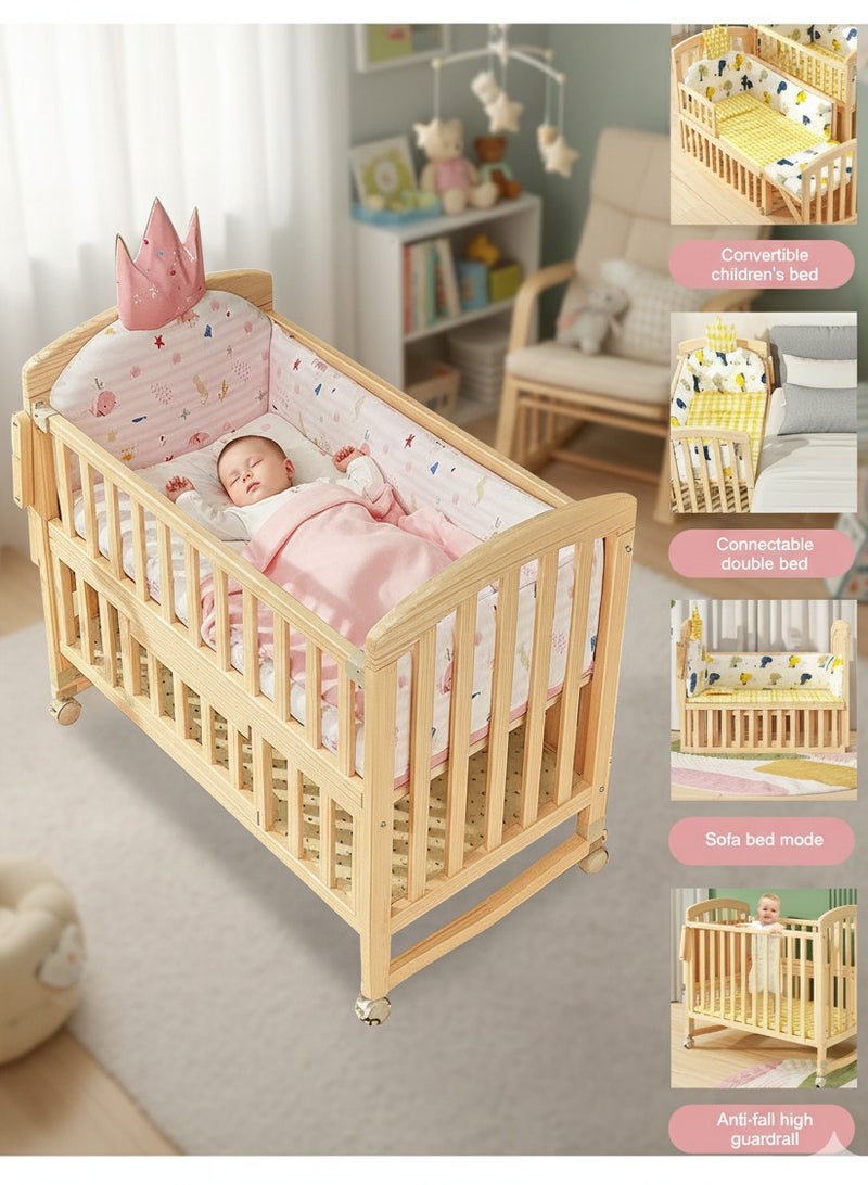 MaBaby 7-in-1 Convertible Baby Crib to Kids Bed: Baby Bassinet, Bedside Sleeper, Toddler Bed, Desk & Play Table with Wheels, Adjustable Height, Storage Shelf & Flip Changing Station-122*70*100cm - Image 1