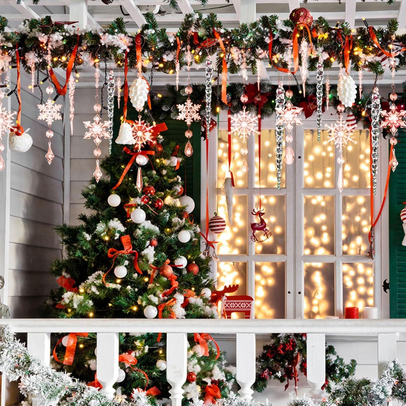 Giegxin 32 Pcs Crystal Christmas Ornaments Crystal Hanging Snowflakes Acrylic Xmas Tree Icicle Drop Crystal Decorations with Hooks for Christmas Snow Party Winter (Champagne) - Image 4