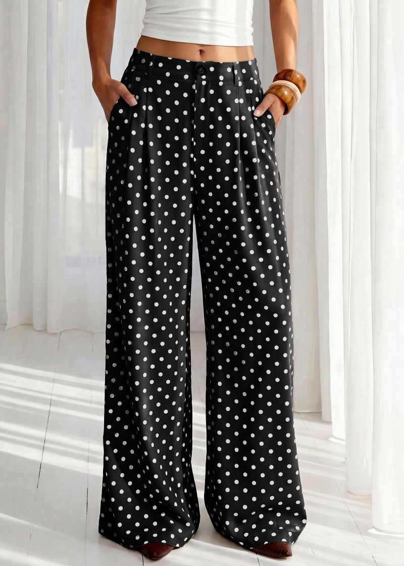 KIRUNDO Dress Pants Women 2026 Summer Polka Dot Palazzo Wide Leg Trousers Flowy Business Casual Slacks for Work with Pockets(Dot Black White, Large) - Image 2