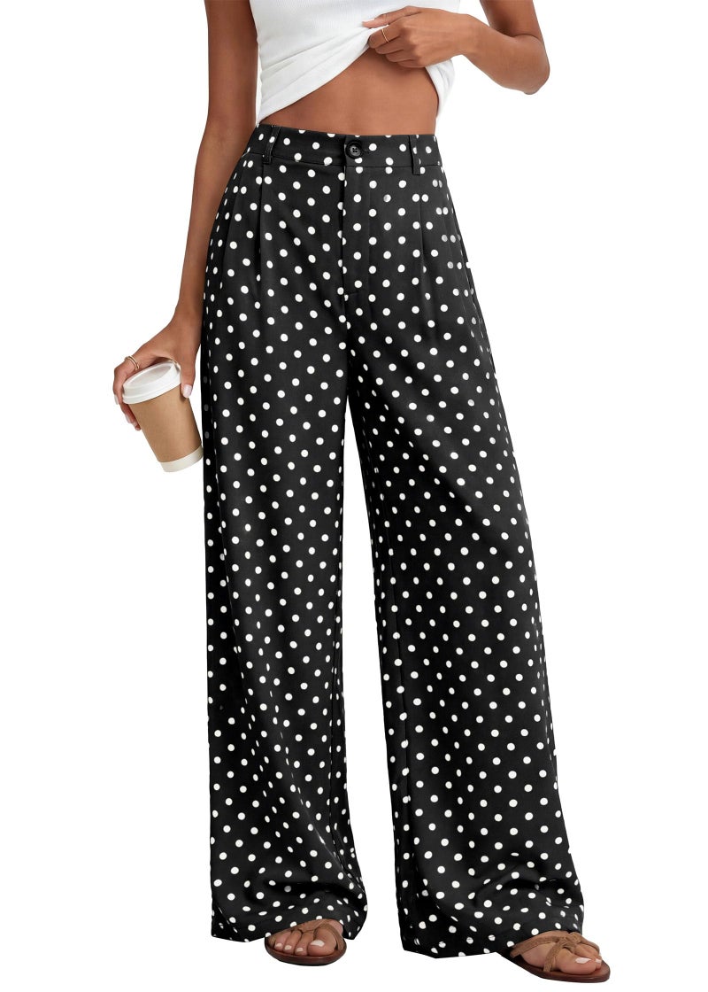 KIRUNDO Dress Pants Women 2026 Summer Polka Dot Palazzo Wide Leg Trousers Flowy Business Casual Slacks for Work with Pockets(Dot Black White, Large) - Image 1