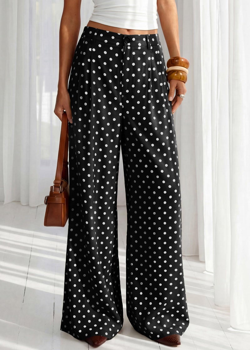 KIRUNDO Dress Pants Women 2026 Summer Polka Dot Palazzo Wide Leg Trousers Flowy Business Casual Slacks for Work with Pockets(Dot Black White, Large) - Image 3