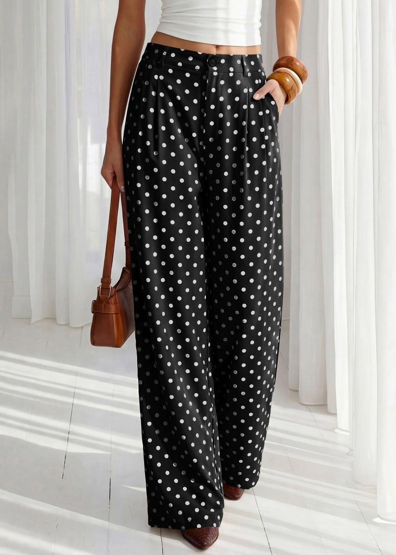 KIRUNDO Dress Pants Women 2026 Summer Polka Dot Palazzo Wide Leg Trousers Flowy Business Casual Slacks for Work with Pockets(Dot Black White, Large) - Image 5