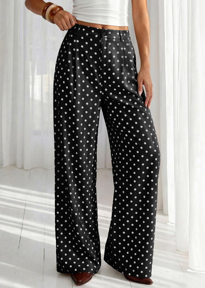 KIRUNDO Dress Pants Women 2026 Summer Polka Dot Palazzo Wide Leg Trousers Flowy Business Casual Slacks for Work with Pockets(Dot Black White, Large) - Image 4