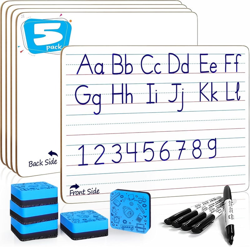 Scribbledo 5 Pack Lined Dry Erase Boards with Markers and Erasers 9x12 Inch Double Sided White Board with Lines Lined Dry Erase Boards for Students Whiteboards with Lines for Classroom Home