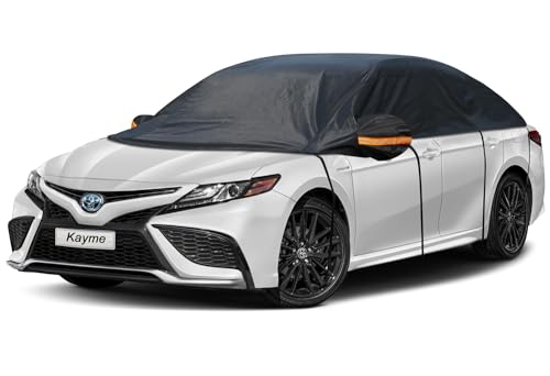 Kayme Half Car Cover Windshield Cover for Ice and Snow Top with Reflective Straps Roof Cover Waterproof All Weather Dust Sun Protection Front Rear Window Cover Fit Sedan 3L UP to 127 - Image 1