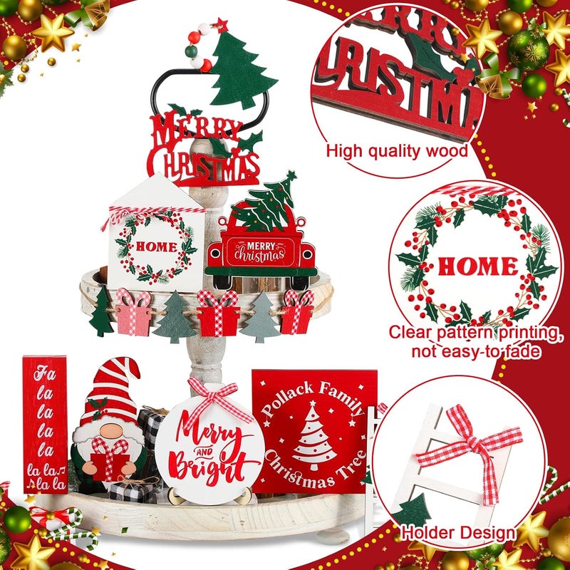 Mifoci 18 Pcs Christmas Tiered Tray Decor Gnome Santa Wood Sign Xmas Tree Table Centerpiece Farmhouse Rustic Table Decor for Winter New Year Home Tabletop - Image 4