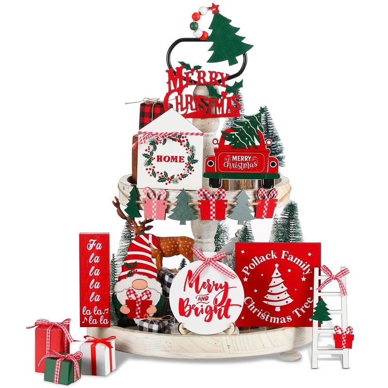 Mifoci 18 Pcs Christmas Tiered Tray Decor Gnome Santa Wood Sign Xmas Tree Table Centerpiece Farmhouse Rustic Table Decor for Winter New Year Home Tabletop - Image 1