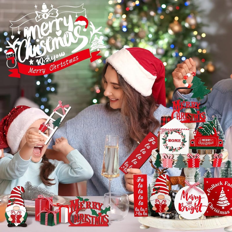 Mifoci 18 Pcs Christmas Tiered Tray Decor Gnome Santa Wood Sign Xmas Tree Table Centerpiece Farmhouse Rustic Table Decor for Winter New Year Home Tabletop - Image 2