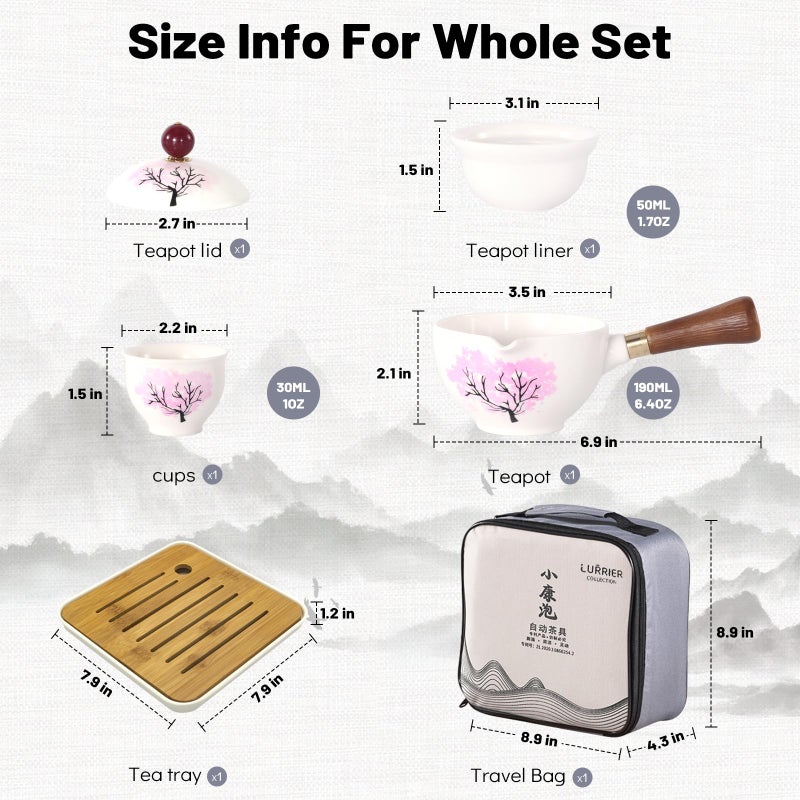 LURRIER Porcelain Chinese Gongfu Tea Set,Portable Teapot Set with 360 Rotation Tea maker and Infuser,Portable All in One Gift Bag for Travel,Home,Gifting,Outdoor and Office (Sakura) - Image 2