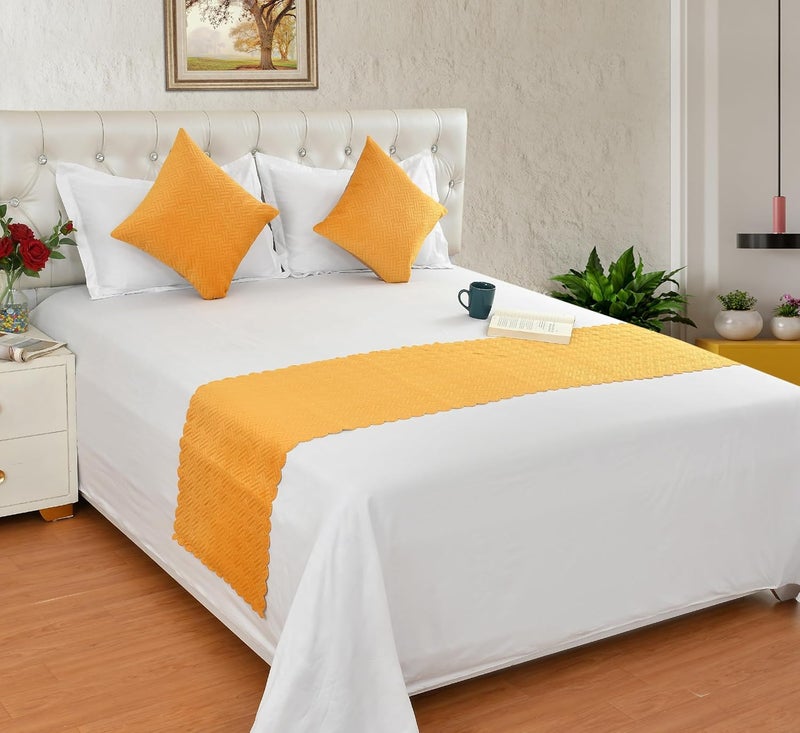 Shri Anand Creations Shri Anand Creations Ultrasonic Quilted Velvet Bed Runner Scarf with Cushion Covers for Double Bed King Size Bed Runner 18x90 Cushion Cover 16x16 Yellow 