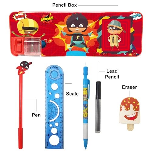 Sidak Stationery Pencil Box Combo of 5 Items - 1 Pencil Box with Calculator,1 Cartoon Pen, 1 Lead Pencil with Extra Refill, 1 Eraser and 1 Scale for Kids. (Red) - Image 2