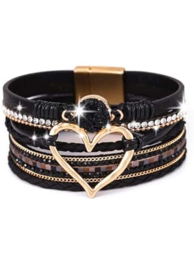 Arabest Boho Heart Bracelet Leather Wrap Bracelets Crystal Cuff Bracelet Stackable Trendy Jewelry for Women and Lady Gift  - Image 1