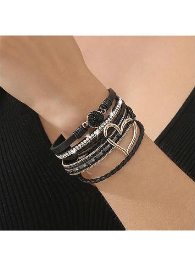 Arabest Boho Heart Bracelet Leather Wrap Bracelets Crystal Cuff Bracelet Stackable Trendy Jewelry for Women and Lady Gift  - Image 2