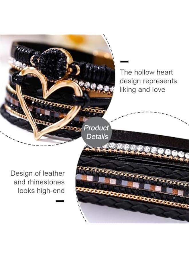 Arabest Boho Heart Bracelet Leather Wrap Bracelets Crystal Cuff Bracelet Stackable Trendy Jewelry for Women and Lady Gift  - Image 3