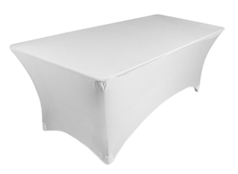Tektrum 8 ft Long Rectangular Stretch Tablecloth Spandex Jacket Cover Tight Fit LinenFitted Table Cover For Trade Show DJ Wedding Party Banquet Event Kiosk Vendor Premium Fabric White