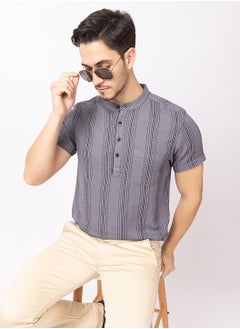 OCTAVE Octave Men's Solid Color Vertical Stripe Knited T-Shirt,Charcol  - Image 2