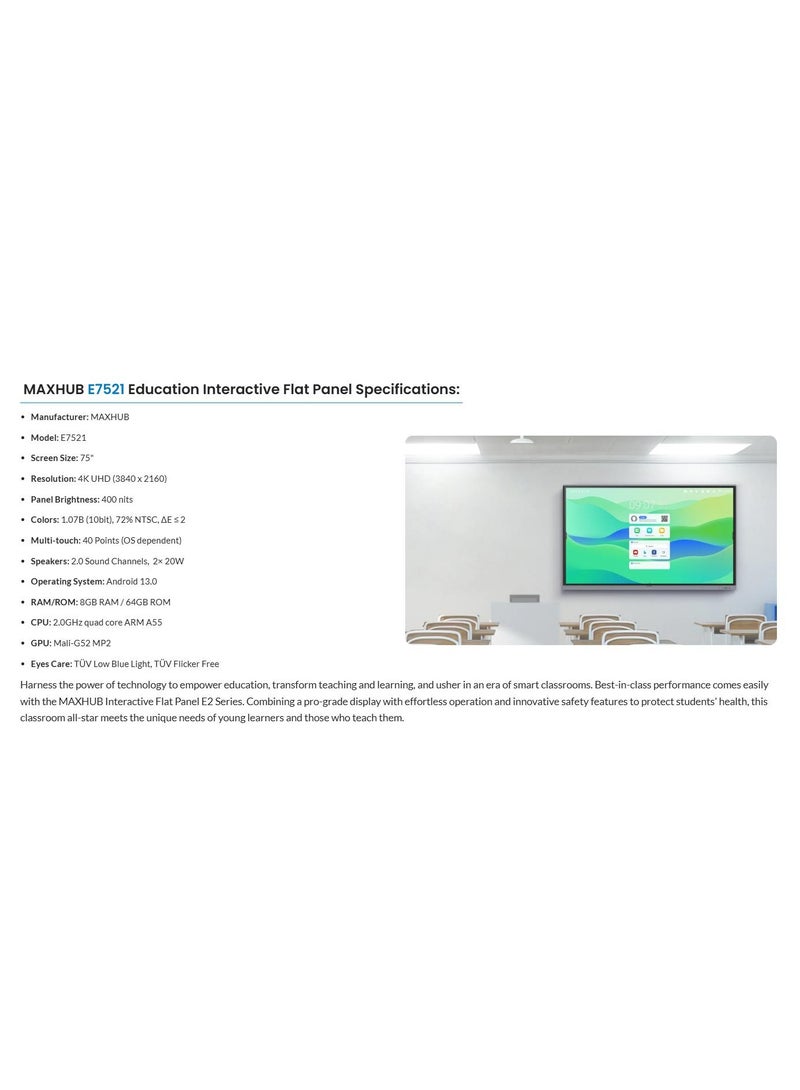 MAXHUB E7521 75" 4K Interactive Flat Panel for Education with Eye Care, 40 Point Multi Touch, 8GB RAM, and 64GB Storage, Smart Touch Panel for Education & Collaboration - Image 4