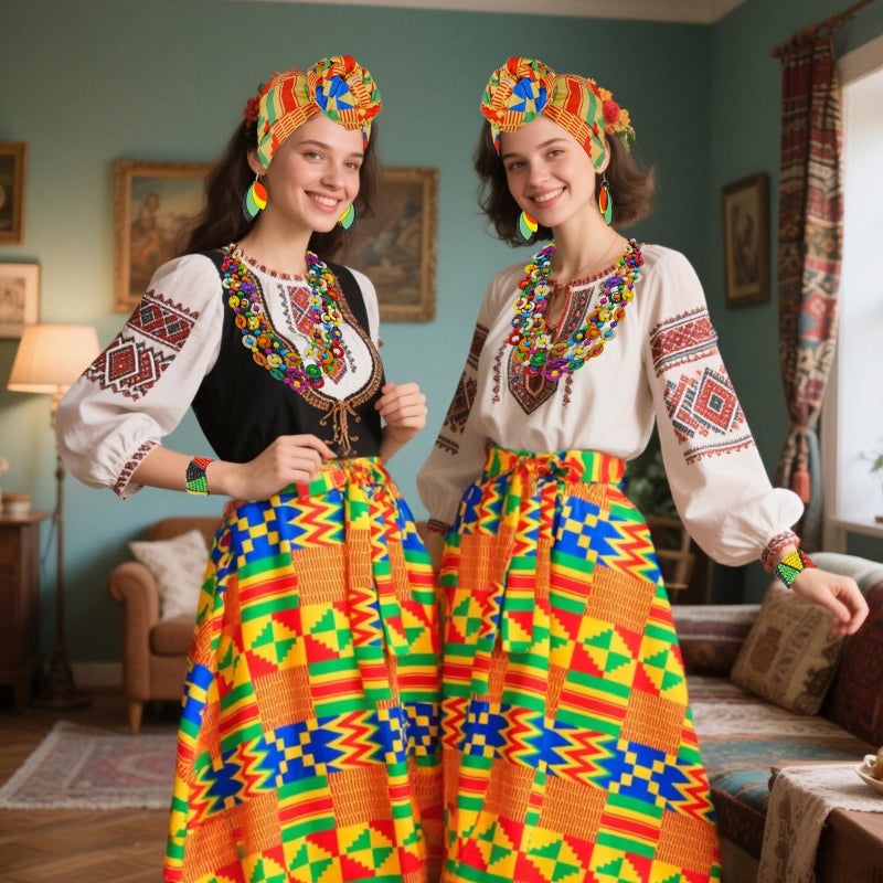 Simple polymer 6 Pcs Women African Ankara Dashiki Skirt Traditional Costume Set African Printed Maxi Skirt Maxi Skirt Head Wrap Earrings,M - Image 3