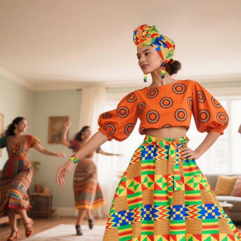 Simple polymer 6 Pcs Women African Ankara Dashiki Skirt Traditional Costume Set African Printed Maxi Skirt Maxi Skirt Head Wrap Earrings,M - Image 2