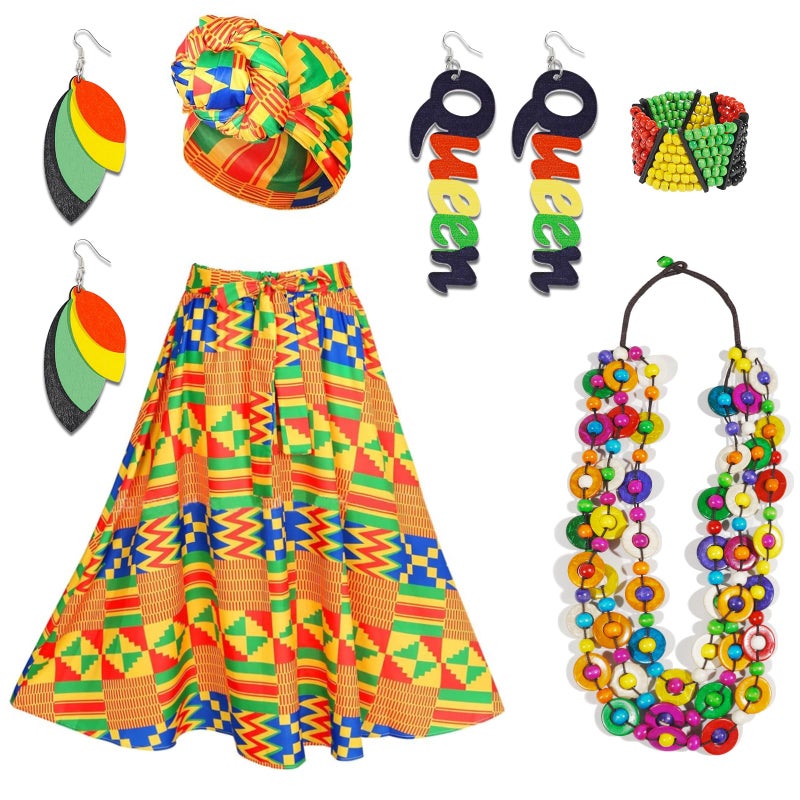 Simple polymer 6 Pcs Women African Ankara Dashiki Skirt Traditional Costume Set African Printed Maxi Skirt Maxi Skirt Head Wrap Earrings,M - Image 4