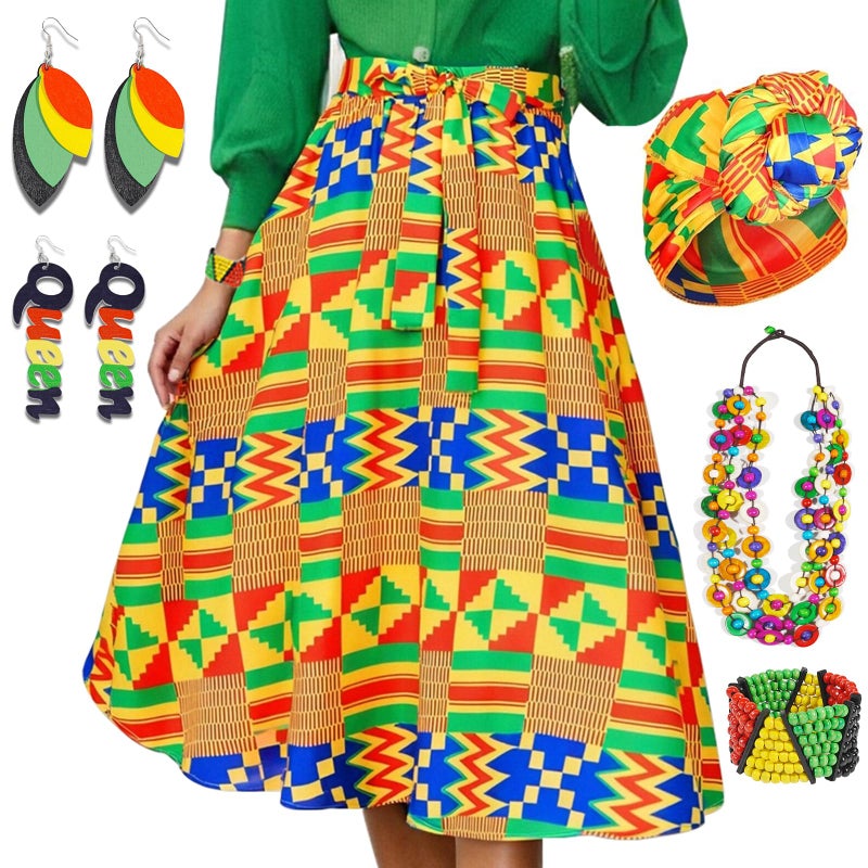 Simple polymer 6 Pcs Women African Ankara Dashiki Skirt Traditional Costume Set African Printed Maxi Skirt Maxi Skirt Head Wrap Earrings,M - Image 1