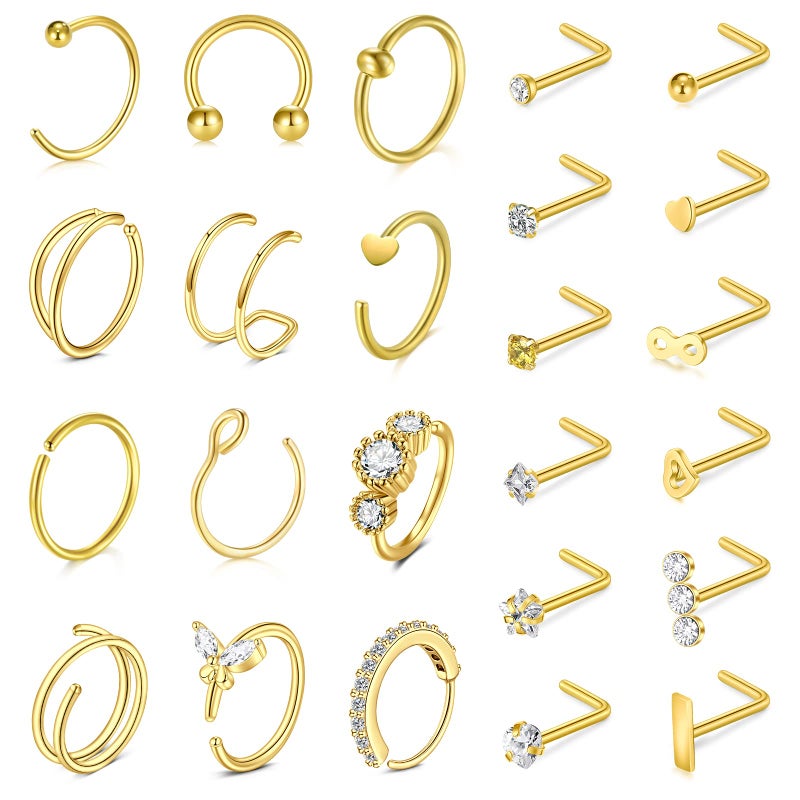 Incaton 20G Gold Nose Rings Nose Studs Hoop Nose Rings Stainless Steel L Shape Nose Studs Hoops CZ Heart Star Hypoallergenic Nostril Nose Piercing Jewelry for Women Men - Image 1