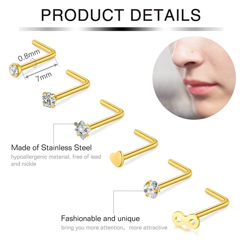 Incaton 20G Gold Nose Rings Nose Studs Hoop Nose Rings Stainless Steel L Shape Nose Studs Hoops CZ Heart Star Hypoallergenic Nostril Nose Piercing Jewelry for Women Men - Image 3