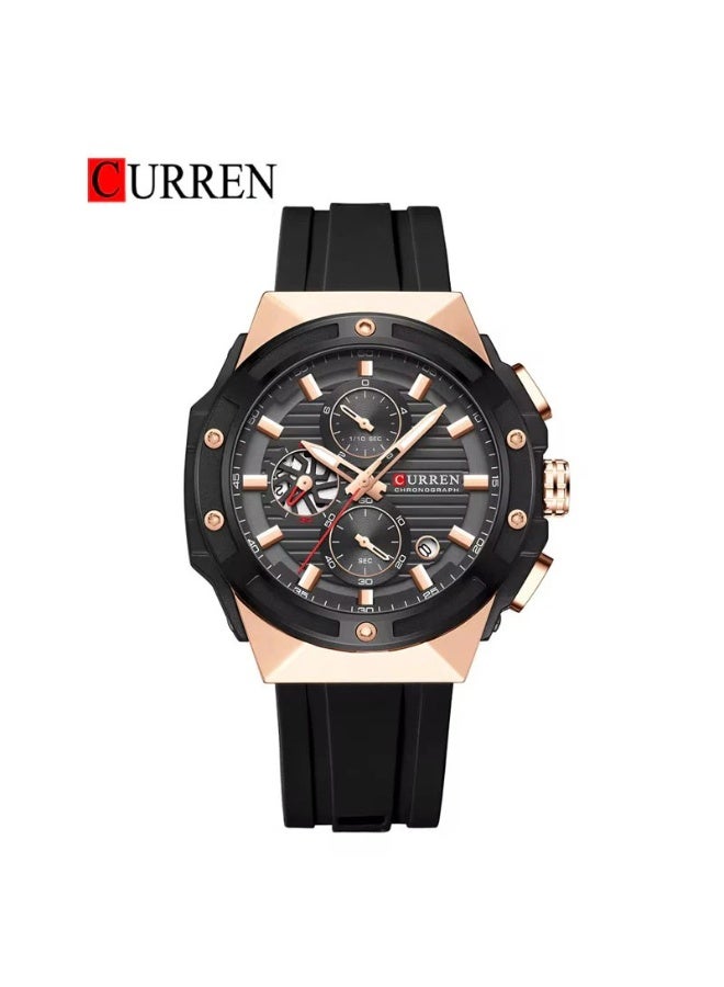 CURREN ساعة كيرين 8462 الجديدة للرجال، ساعة رياضية مصنوعة من السيليكون، ساعة مضيئة، ساعة كوارتز، ساعة تاريخ، ساعة يد مقاومة للماء، ساعة كرونوغراف، ساعة سوداء - Image 1