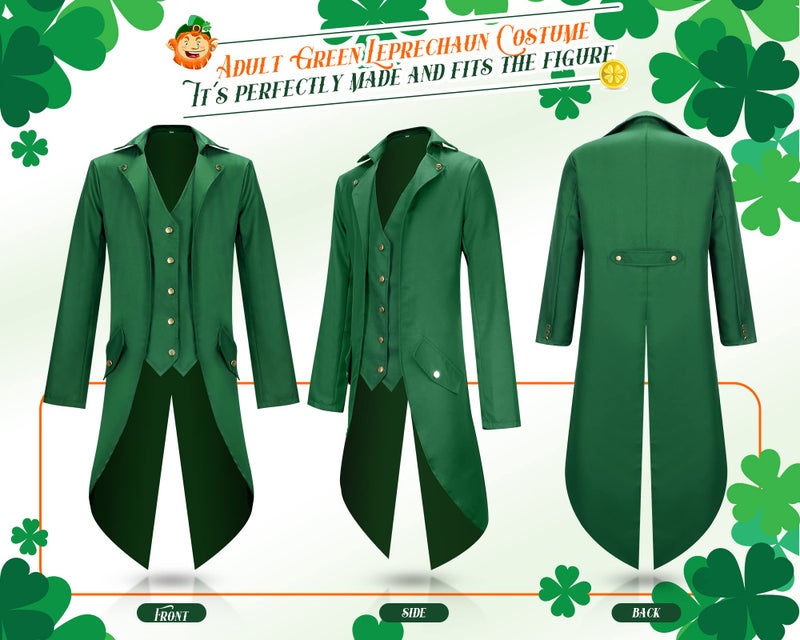Geyoga St Patrick's Day Outfit Leprechaun Costumes Halloween Green Steampunk Tailcoat with Leprechaun Hat Bow Tie(Large) - Image 2